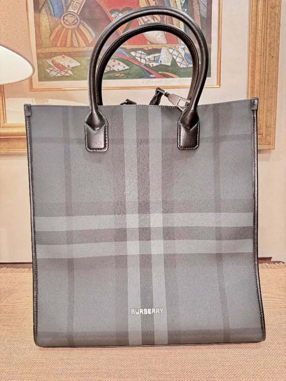 Burberry Slim Vertical Denny Tote in Charcoal Check